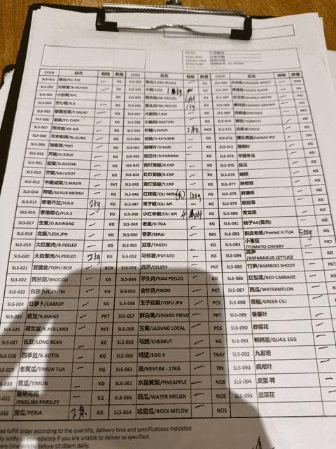 Printed order sheet with 95+ items across multiple product categories